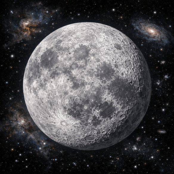 Full moon showing detailed craters with galaxies and stars in space background