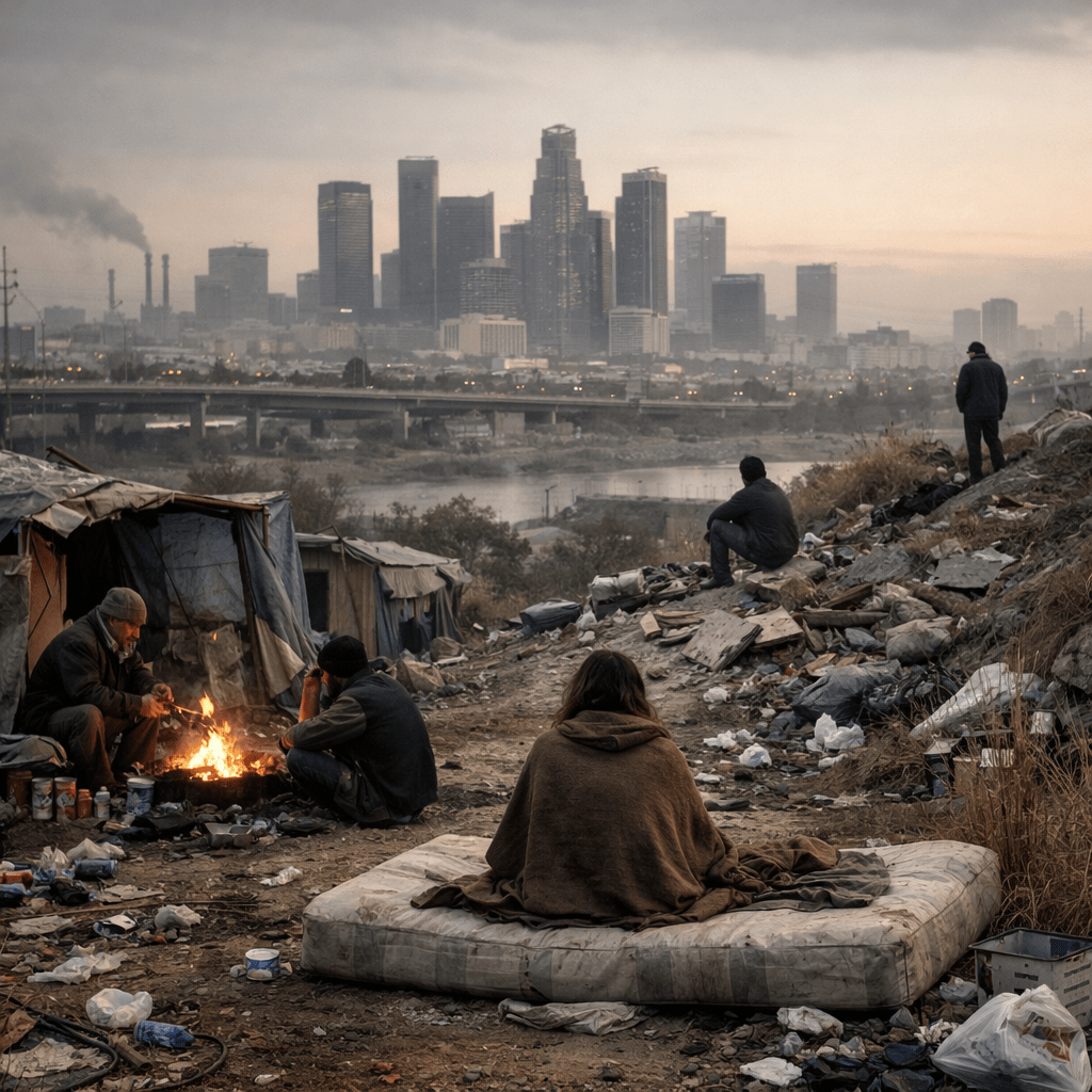 Individuals at a homeless encampment with city skyscrapers in the background