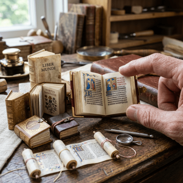 Hand holding an open miniature illuminated manuscript with Latin text and illustrations, surrounded by other small medieval books, scrolls, and magnifying glass on wooden table