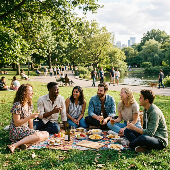 Six friends sitting on a blanket having a picnic with food and drinks in a green park
