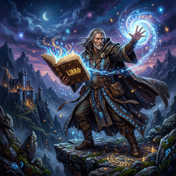 An elderly wizard in dark robes casting a magical spell with glowing blue runes and an open book labeled 'LIBRO'