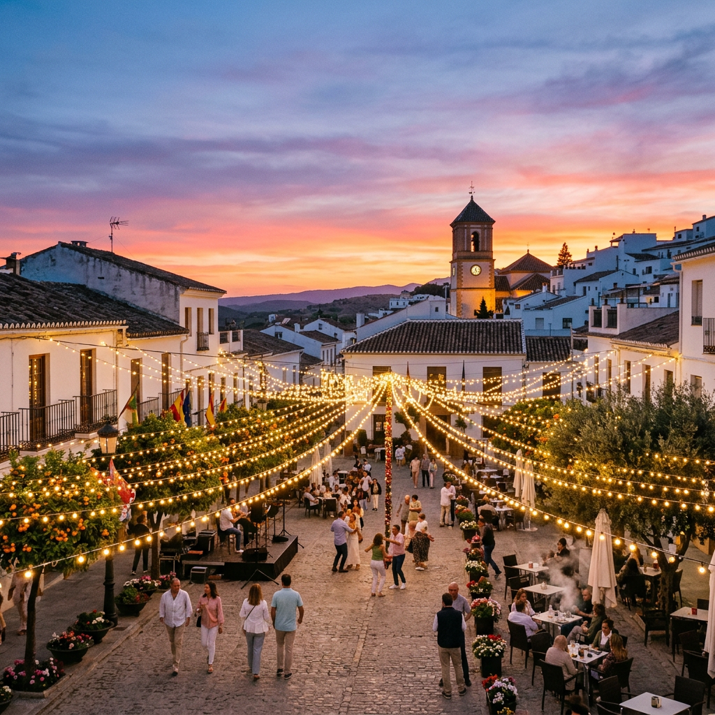 Crowd gathering and dining under string lights in a Spanish town square at sunset