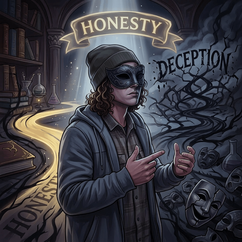 Person deciding between paths labeled honesty and deception with dark mask