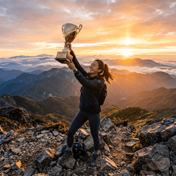 Woman holding up a trophy on a rocky mountain peak at sunrise