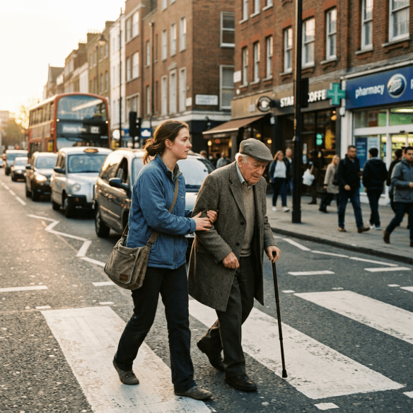 Young woman helping elderly man walk across a zebra crossing in city traffic