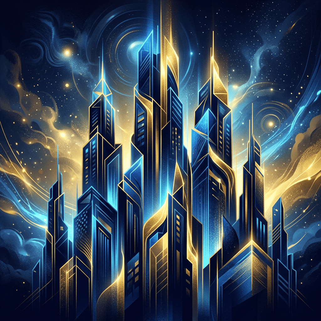 Futuristic city skyline illuminated with blue and gold lights under a star-filled cosmic sky