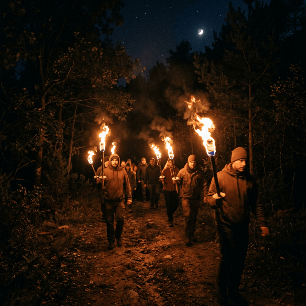 People walking in a forest at night holding flaming torches under a crescent moon.